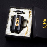 Gold Printed Ceramic Coffee Mug Gold Handle Lid And Spoon