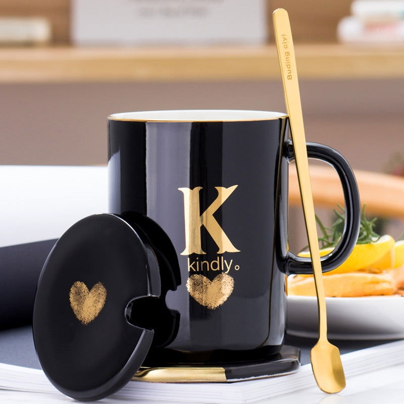 Gold Printed Ceramic Coffee Mug Gold Handle Lid And Spoon - The Crafted Cafe