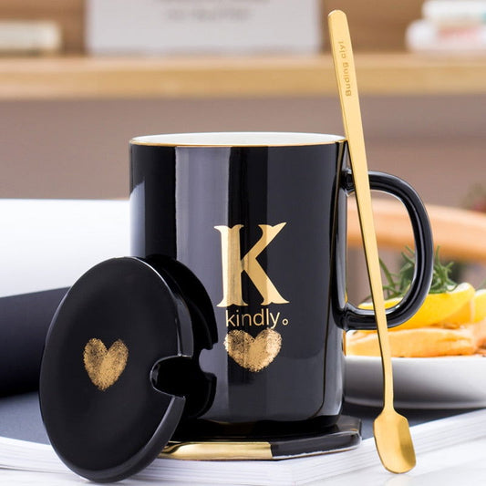 Gold Printed Ceramic Coffee Mug Gold Handle Lid And Spoon - The Crafted Cafe