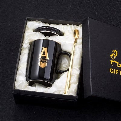 Gold Printed Ceramic Coffee Mug Gold Handle Lid And Spoon - The Crafted Cafe