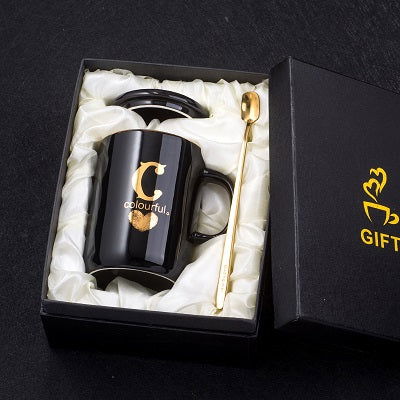 Gold Printed Ceramic Coffee Mug Gold Handle Lid And Spoon - The Crafted Cafe