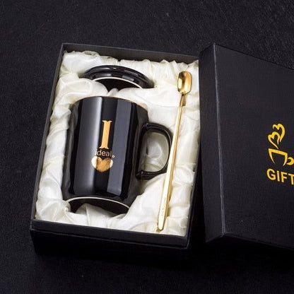 Gold Printed Ceramic Coffee Mug Gold Handle Lid And Spoon - The Crafted Cafe