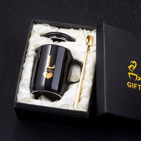 Gold Printed Ceramic Coffee Mug Gold Handle Lid And Spoon - The Crafted Cafe