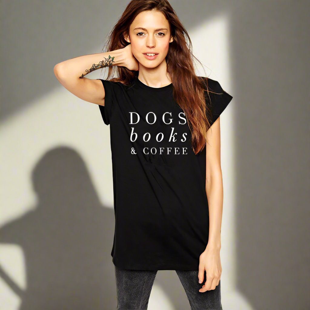 O-Neck Stylish Tee-Dogs Books & Coffee T-Shirt - The Crafted Cafe