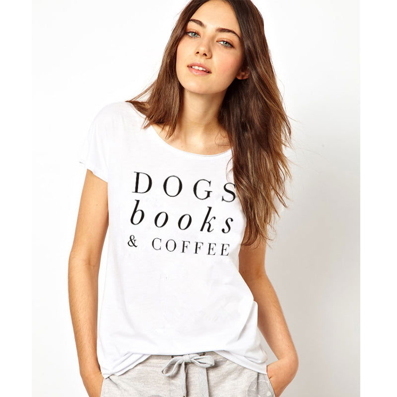 O-Neck Stylish Tee-Dogs Books & Coffee T-Shirt - The Crafted Cafe