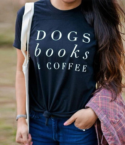 O-Neck Stylish Tee-Dogs Books & Coffee T-Shirt - The Crafted Cafe