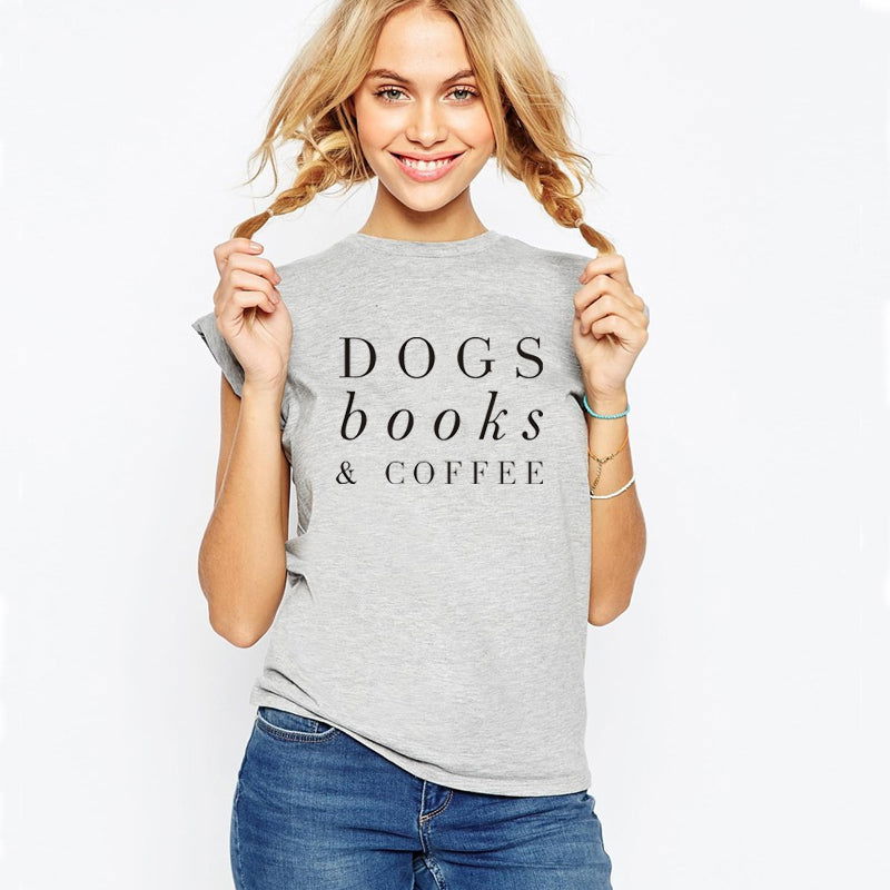 O-Neck Stylish Tee-Dogs Books & Coffee T-Shirt - The Crafted Cafe