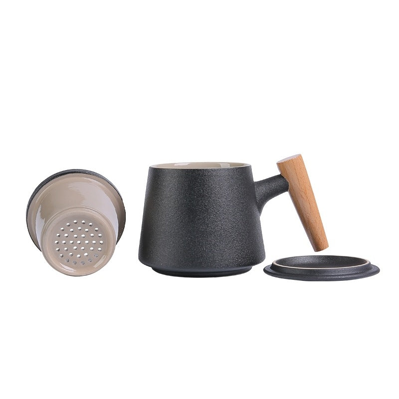 Wooden Handle Ceramic Tea Cup With Lid Filter Water Separation Cup - The Crafted Cafe