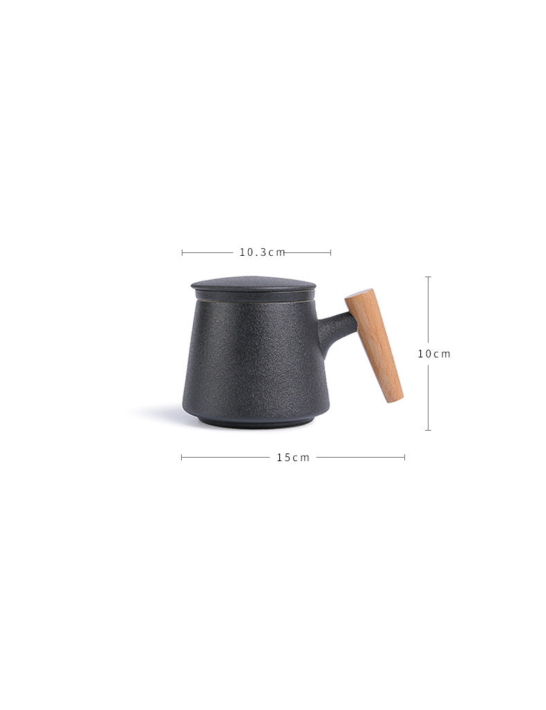 Wooden Handle Ceramic Tea Cup With Lid Filter Water Separation Cup - The Crafted Cafe